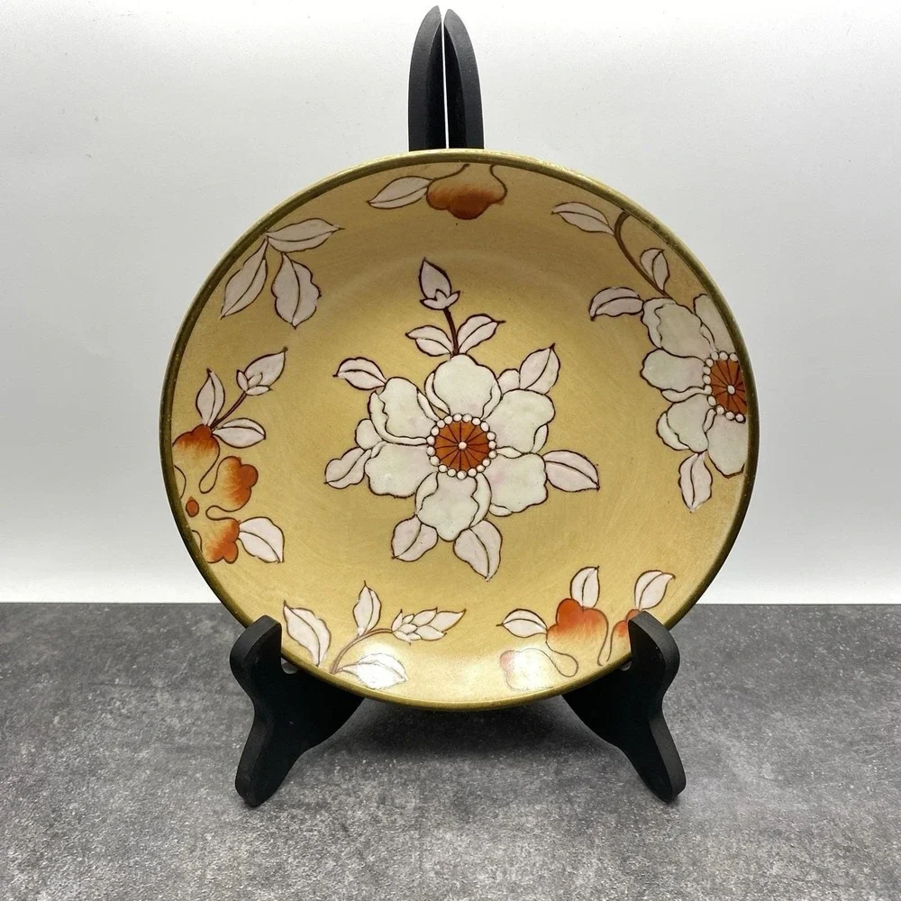 Vintage Crowning Touch Enamel Brass Rim Bowl Floral Asian Hong Kong 7.5
